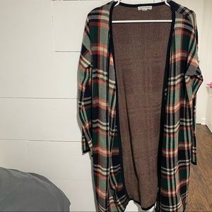 Long plaid open Sweater with pockets